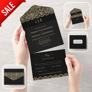 All In One Black Gold Lace Wedding with RSVP All In One Invitation