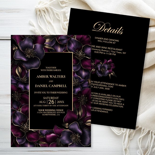 All in One Black Purple Pink Floral Wedding Invitation (Creator Uploaded)