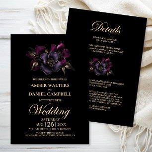 All in One Black Purple Pink Floral Wedding Invitation