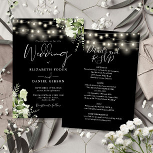 All In One Black String Lights Floral Wedding Invitation