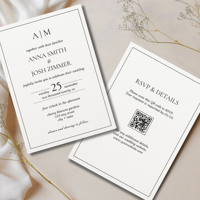 All in one Black & White Minimal Monogram QR code Invitation (All white wedding invitation with QR code)