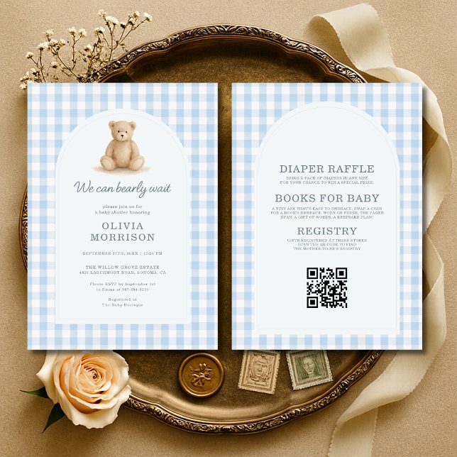 All in One Blue Gingham We Can Bearly Wait  Invitation (Creator Uploaded)