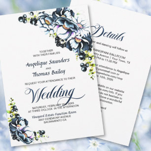 All In One Blue Grey Floral Wedding Invitation