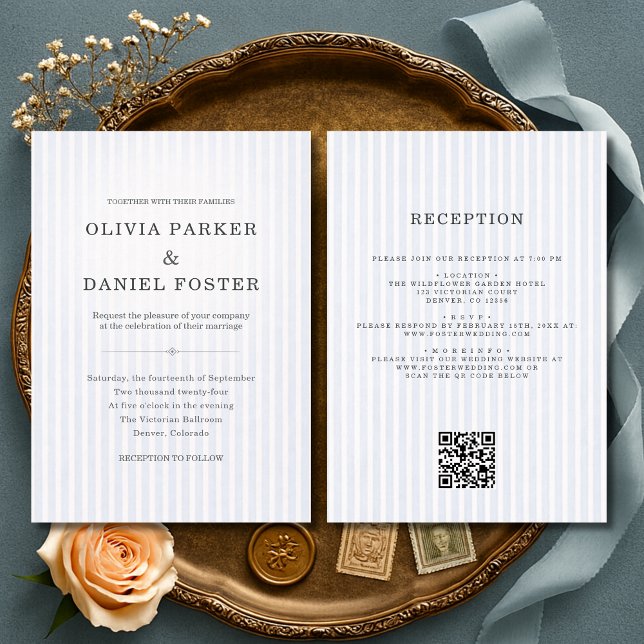 All in One Blue & White Striped Wedding Invitation (Creator Uploaded)