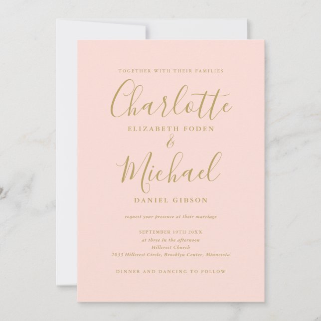 All In One Blush Pink And Gold Script Wedding Invitation (Front)