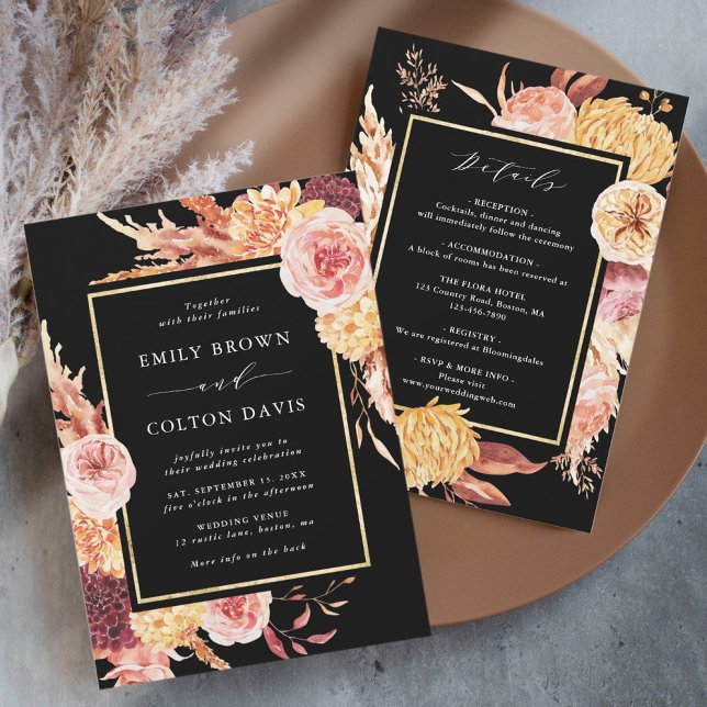 All In One Boho Burgundy Terracotta Black Wedding  Invitation (Creator Uploaded)