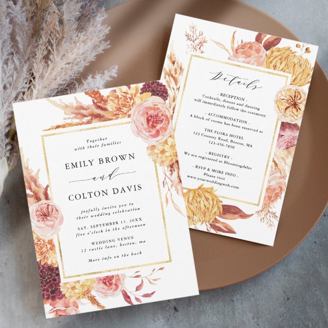 All In One Boho Burgundy Terracotta Floral Wedding Invitation (Creator Uploaded)