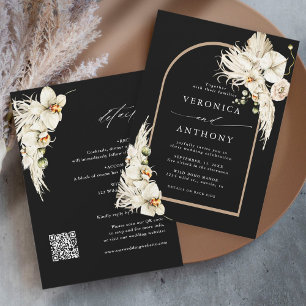 All In One Boho Pampas Grass Orchid Wedding Black Invitation