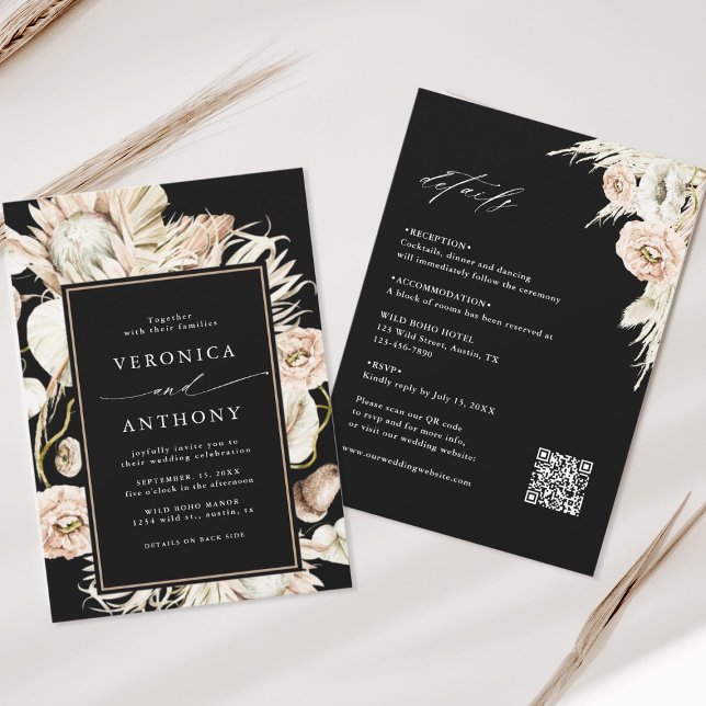 All In One Boho Protea Pampas Grass Black Wedding Invitation (Creator Uploaded)