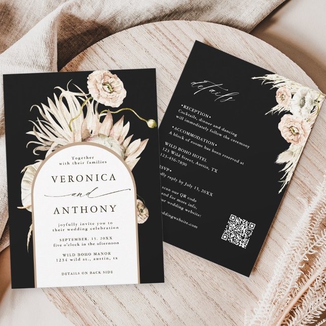 All In One Boho Protea Pampas Grass Wedding Black Invitation (Creator Uploaded)