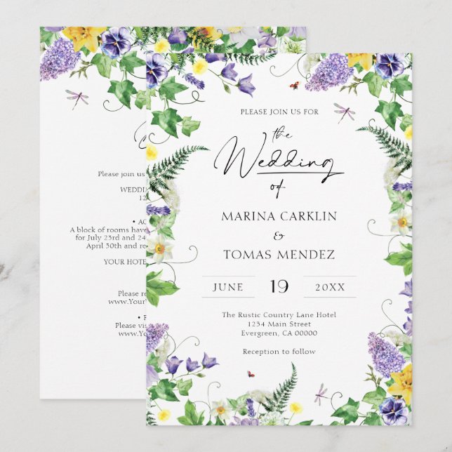 All in One | Boho Watercolor Wildflower Wedding Invitation (Front/Back)
