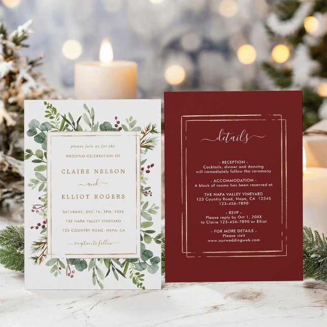 All In One Botanical Christmas Gold Wedding Invitation (Front & Back)