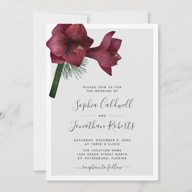 All in One Burgundy Christmas Floral Wedding Invitation (Front)