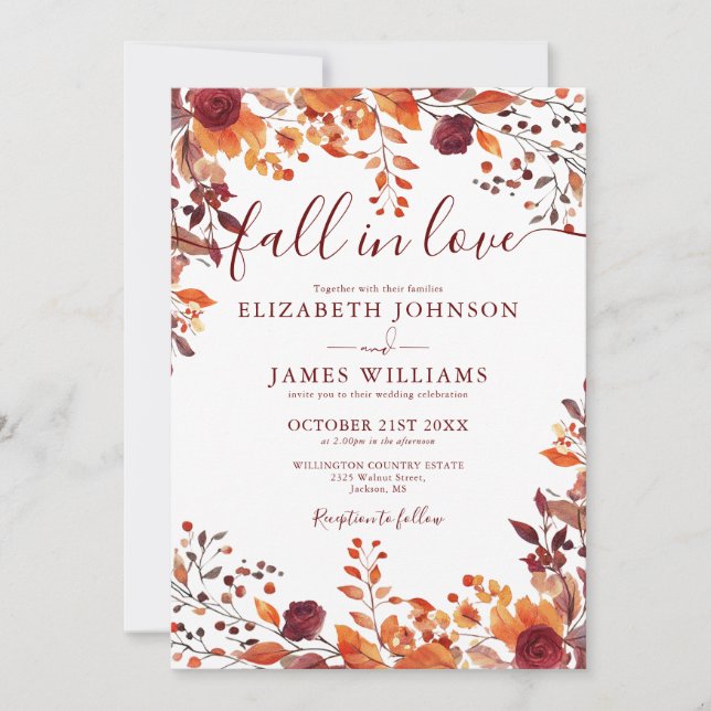 All In One Burgundy Fall In Love Floral Wedding Invitation (Front)