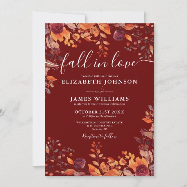 All In One Burgundy Fall In Love Floral Wedding Invitation (Front)