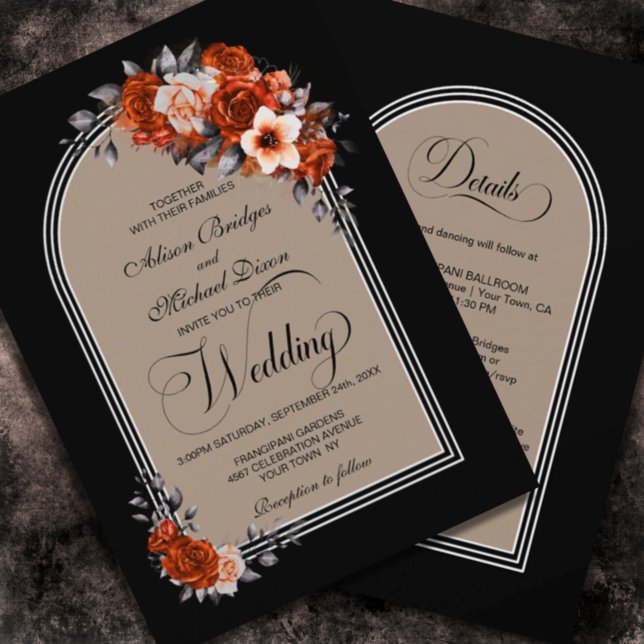 All In One Burnt Orange Floral Arch Black Wedding Invitation (Creator Uploaded)