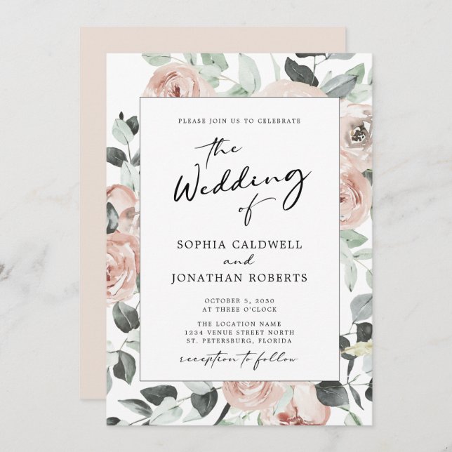 All in One Calligraphy Dusty Rose Floral Wedding Invitation (Front/Back)