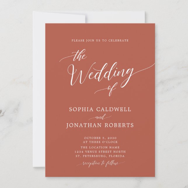 All in One Calligraphy Trendy Terracotta Wedding Invitation (Front)