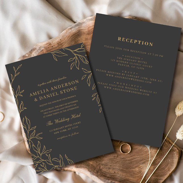 All in One Charcoal Grey Gold Leaf Wedding  Invitation (Creator Uploaded)