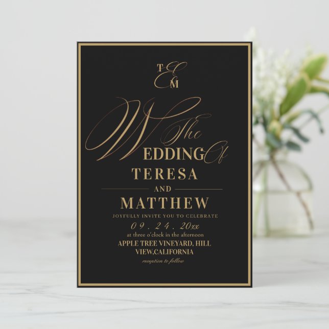 All-In-One Classic Black & Gold Wedding Invitation (Standing Front)