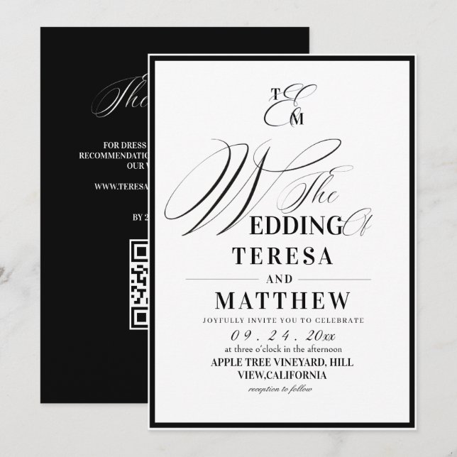 All-In-One Classic Black & White Wedding Invitation (Front/Back)