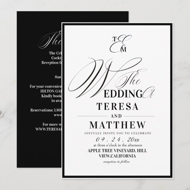 All-In-One Classic Black & White Wedding Invitation (Front/Back)