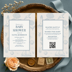All in One Coastal French Toile Blue Baby Shower Invitation