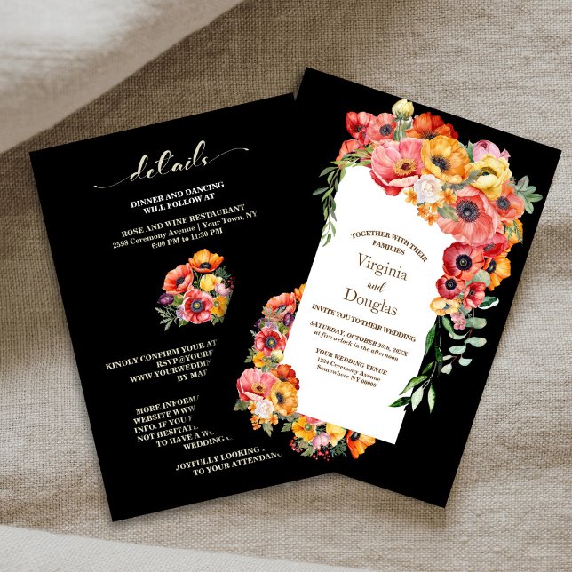 All In One Colourful Poppies Black Wedding Invitation (Creator Uploaded)