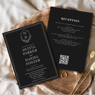 All in One Crest Black & White QR Code Wedding Invitation