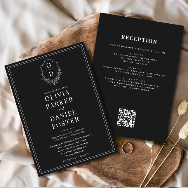 All in One Crest Black & White QR Code Wedding Invitation (Creator Uploaded)