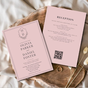 All in One Crest Blush Pink QR Code Wedding Invitation
