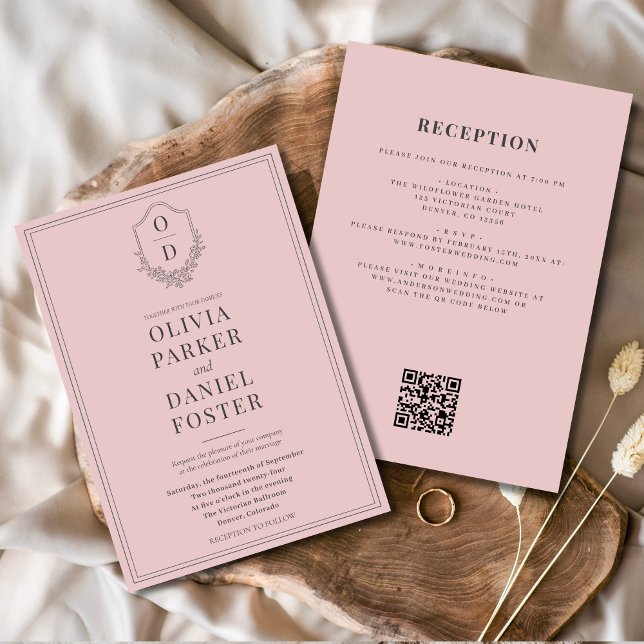 All in One Crest Blush Pink QR Code Wedding Invitation (Creator Uploaded)