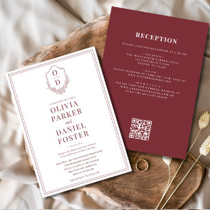 All in One Crest Burgundy QR Code Wedding Invitation