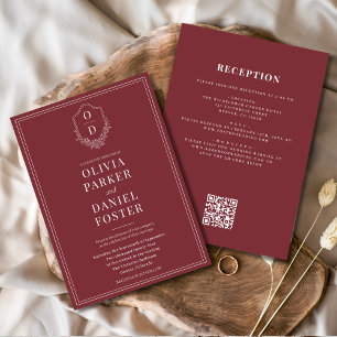 All in One Crest Burgundy QR Code Wedding Invitation