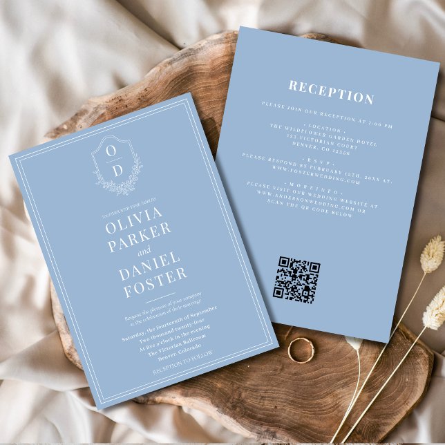 All in One Crest Dusty Blue QR Code Wedding Invitation (Creator Uploaded)