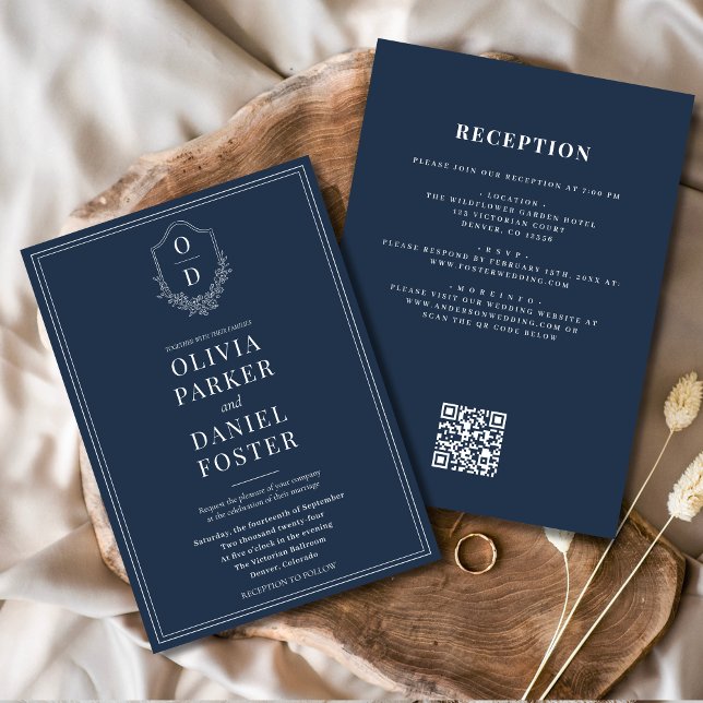 All in One Crest Navy Blue QR Code Wedding Invitation (Creator Uploaded)