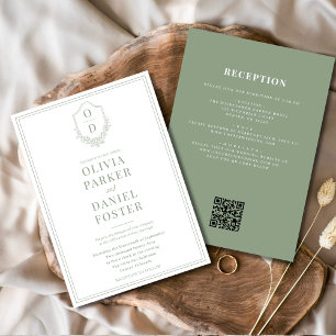 All in One Crest Sage Green Modern Wedding Invitation