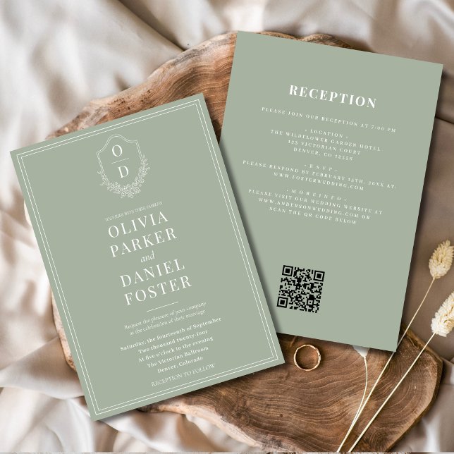 All in One Crest Sage Green QR Code Wedding Invitation (Creator Uploaded)