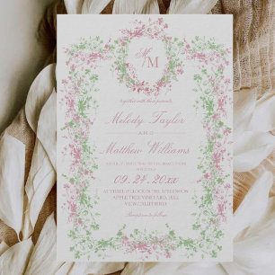 All in One Delicate French Flora Crest Wedding Invitation
