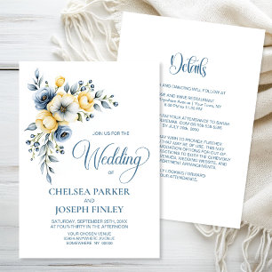 All in One Dusty Blue and Yellow Floral Wedding Invitation