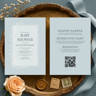 All in One Dusty Blue Botanical Floral Baby Shower Invitation