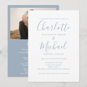 All In One Dusty Blue Chic Script Photo Wedding Invitation