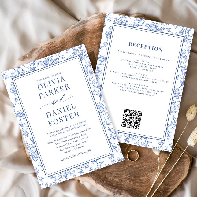 All in One Dusty Blue French Floral Toile Invitation (Creator Uploaded)