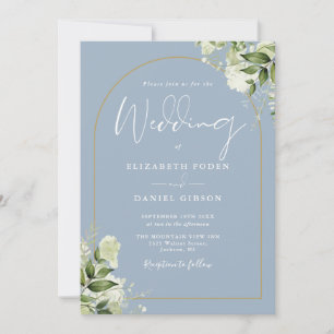 All In One Dusty Blue Greenery Arch Photo Wedding Invitation