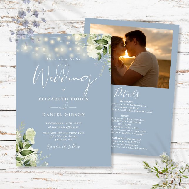 All In One Dusty Blue Greenery Light Photo Wedding Invitation (All In One Dusty Blue Greenery Light Photo Wedding Invitation)