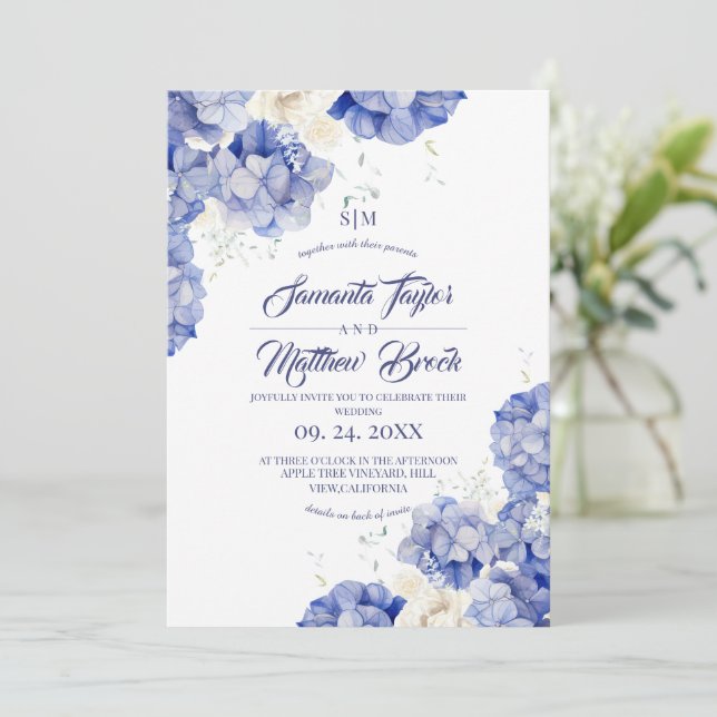 All in One Dusty Blue Hydrangea Wedding Invitation (Standing Front)