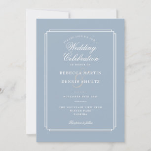 All In One Dusty Blue Script Art Deco Wedding Invitation