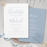 All In One Dusty Blue Simple Chic Script Wedding Invitation<br><div class="desc">Featuring signature style names,  this elegant dusty blue wedding invitation can be personalised with all your special wedding day information on the reverse including your RSVP,  accommodation,  and additional details. Designed by Thisisnotme©</div>