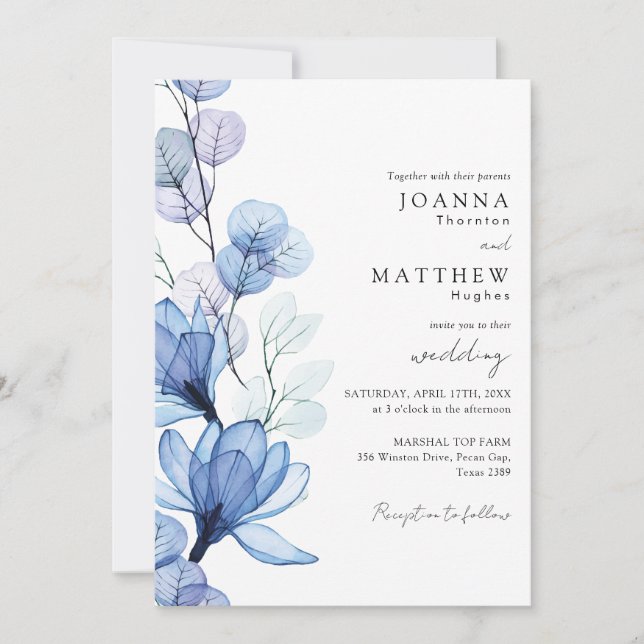 All In One Dusty Blue Transparent Floral Wedding Invitation (Front)