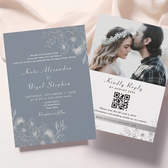 All in One Dusty Blue Wedding QR Code Invitation (Creator Uploaded)